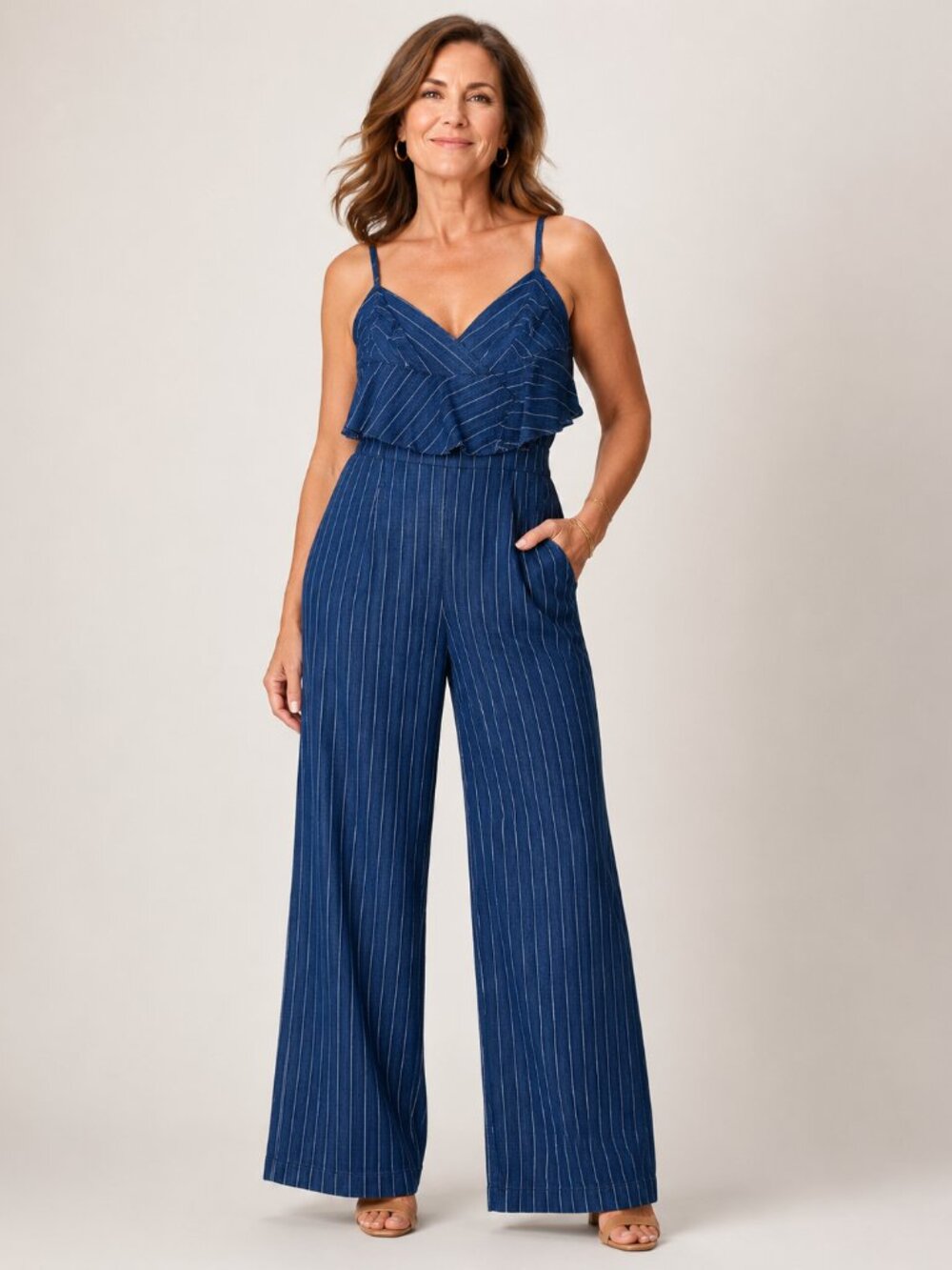 Ettiwa Anthropologie Denim Pinstripe Ruffle Wide Leg Zip Back Jumpsuit XS
